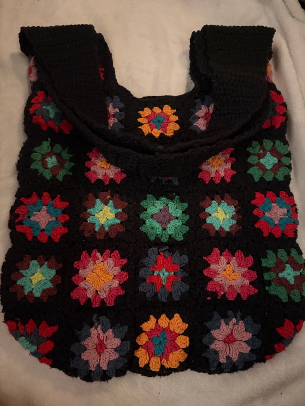 Handmade Black Crochet Granny Square Tote Bag with Multicolor Accents